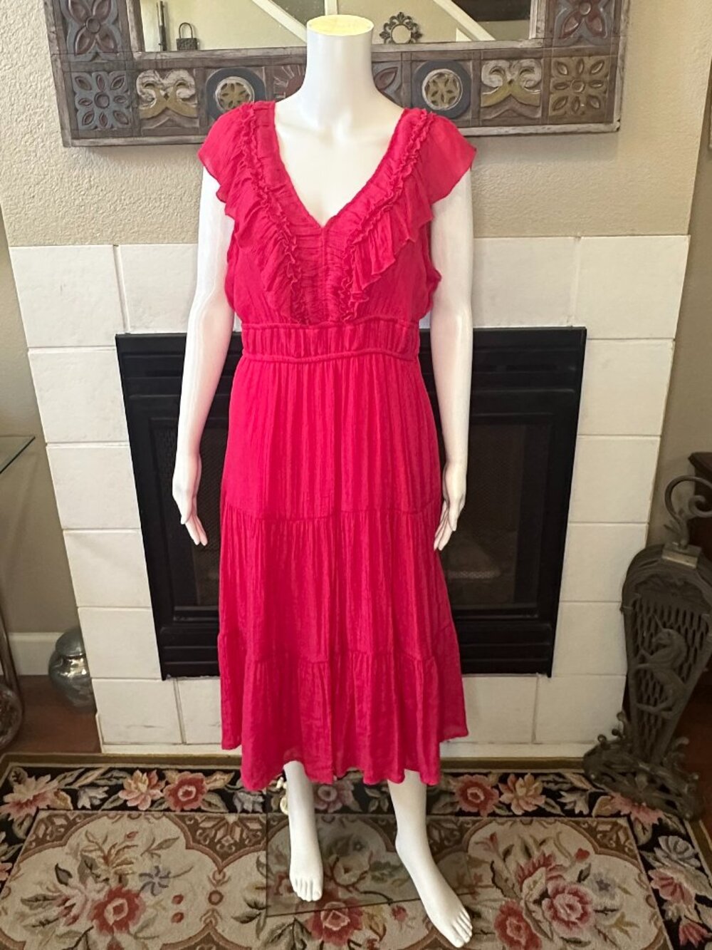 Indigo Rose Pink Dress Large Middi Long Vneck Ruffle Short Sleeve